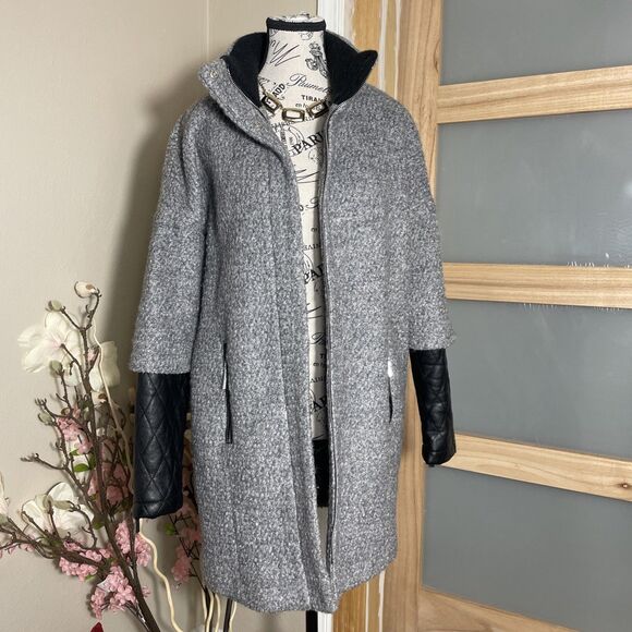 Vince Camuto Womens Small S Grey Black Wool Blend Jacket Coat Faux Leather - Picture 1 of 8